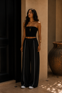 Black Contrast Piping Wide Leg Pants