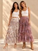 Floral Ruffled Mesh Midi Skirt