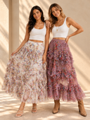 Floral Ruffled Mesh Midi Skirt