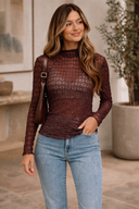 Coffee Mesh Long Sleeve Sheer Top