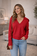 Red V-Neck Hooded Sweater