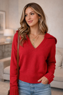 Red V-Neck Hooded Sweater