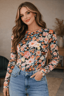 Orange Floral Long Sleeve Mesh Top