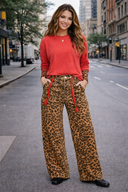 Stretchy Leopard Animal Denim Jeans With Red Belt