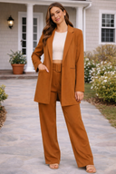 Women's rust brown blazer and wide-leg pants suit, stylish boutique outfit for casual or work wear
