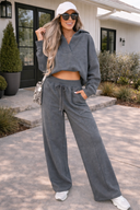 Jet Set Collared V Neck Pullover Sweatshirt Sweatpants Set