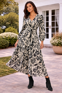 Tied Printed V-Neck Long Sleeve Midi Dress