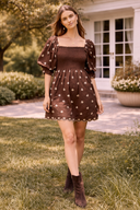 Brown Embroidered Bow Babydoll Dress S-3X