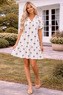 Beige V-Neck Mini Dress with Bubble Sleeves and Bowtie Print