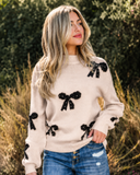 Pearl Embellished Bow Pattern Loose Sweater