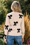 Pearl Embellished Bow Pattern Loose Sweater
