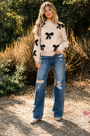 Pearl Embellished Bow Pattern Loose Sweater