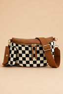 Leather Checkered Knit Patchwork Wallet Attached Shoulder Bag