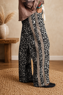 Khaki Leopard Print Drawstring Waist Straight Leg Jeans
