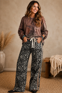 Khaki Leopard Print Drawstring Waist Straight Leg Jeans
