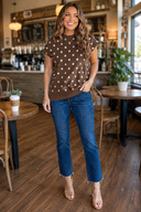Brown Dolman Short Sleeve Round Neck Polka Dot Sweater