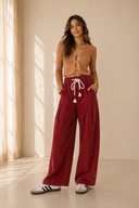 Racing Red Elastic Waist Drawstring Corduroy Casual Pants