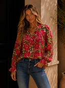 Red Floral Ruffle Tie Blouse