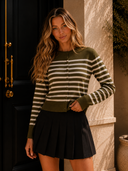 Long Sleeve Crew Neck Stripe Sweater Cardigan