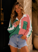 Ribbed Color Block Collared Sweatshirt