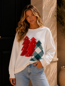 Pearl Plaid Christmas Tree Patched Drop Shoulder Sweatshirt