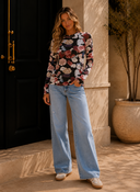 Pink Mesh Floral Print Mock Neck Long Sleeve Slim Top
