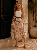 Floral Ruffled Mesh Midi Skirt