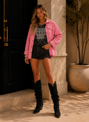 Bon Bon Pearl Beaded Pink Denim Jacket