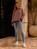 Cozy Red Stripe Colorblock Knit Pullover