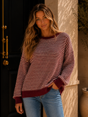 Cozy Red Stripe Colorblock Knit Pullover