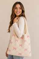 Beige Knit Shoulder Bag with Pink Bow Accents