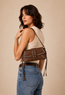 Glossy Leather Rivet Trim Shoulder Bag