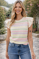 Set in Spring Striped Eyelet Knit Ruffled Sleeve Top