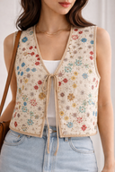 Floral Embroidered Tie-Front Vest