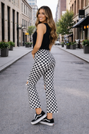 Trendy Black and White Checkered Distressed Jeans