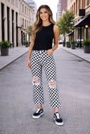 Trendy Black and White Checkered Distressed Jeans