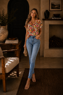 Pink Floral Print Crew Neck Short Sleeve Shift Blouse