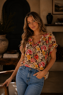 Pink Floral Print Crew Neck Short Sleeve Shift Blouse