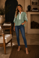 Color Block Patchwork V Neck Embroidered Puff Sleeve Babydoll Blouse
