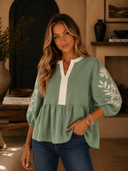 Color Block Patchwork V Neck Embroidered Puff Sleeve Babydoll Blouse
