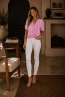Stripe Short Sleeve Knit V Neck Bow Knot Sweater
