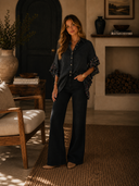Washed Button Up Oversized Blouse with Sequin Ruffle Sleeves