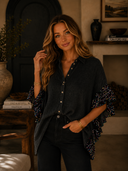 Washed Button Up Oversized Blouse with Sequin Ruffle Sleeves