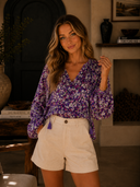 Purple Floral Tassel Tie-Front Blouse