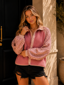 Pink Fleece Jacket with Sequin Long Sleeves & Snap Button Closure