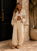 POL Balloon Sleeve Pearl Detail Floral A-Line Fit Jacket