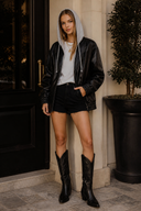 Vegan Leather Hooded Jacket W/ Welt Pocket