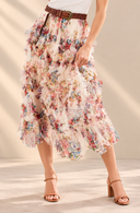 Floral Ruffled Mesh Midi Skirt