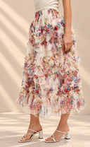 Floral Ruffled Mesh Midi Skirt
