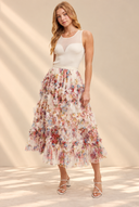 Floral Ruffled Mesh Midi Skirt